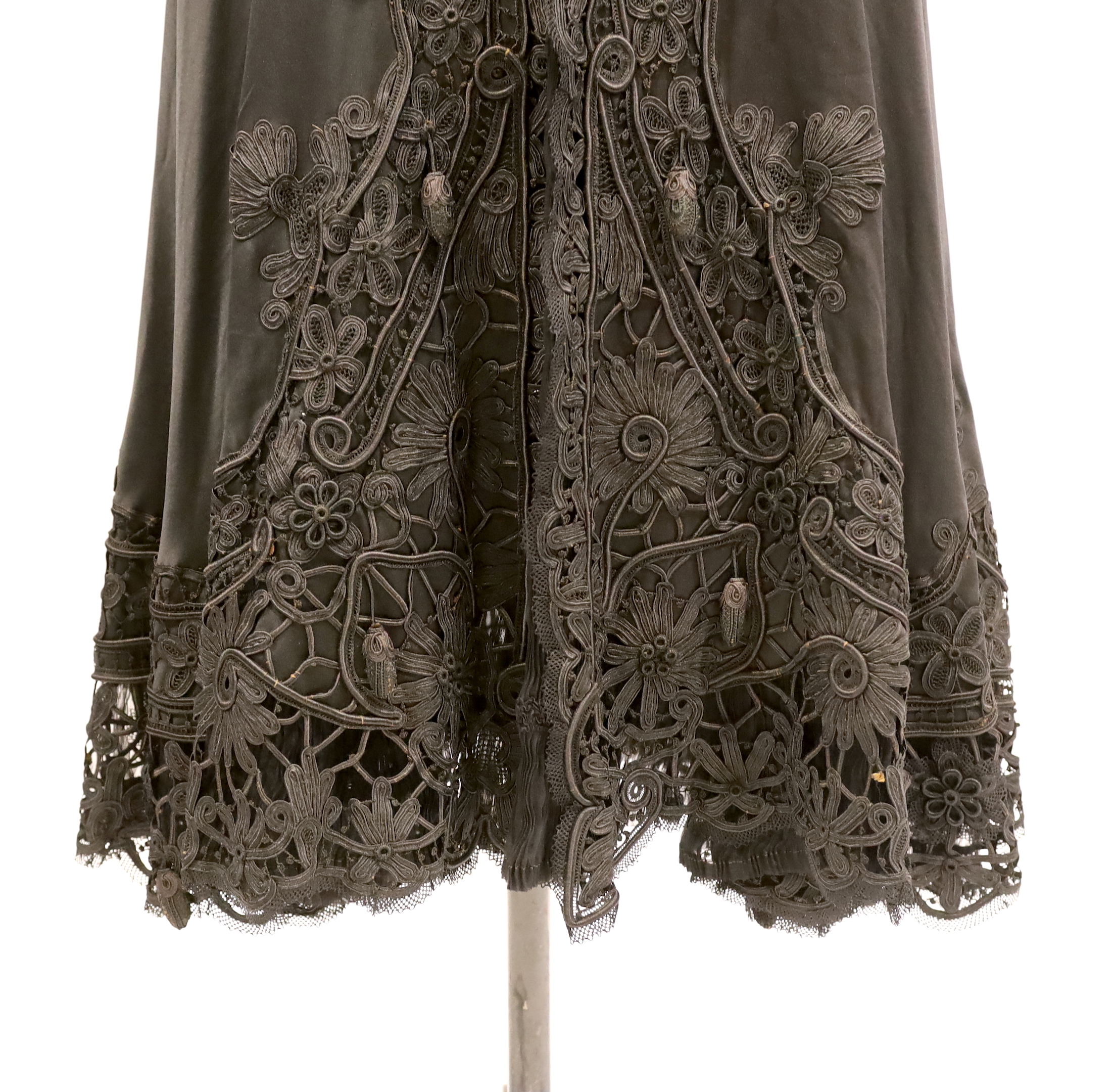 A Victorian black silk and tape lace opera cape, with black pleated chiffon collar